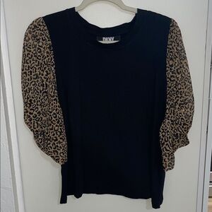 DKNY Leopard Chiffon Metallic Sheer Sleeve Black Top w/ Animal Print Sleeves XL